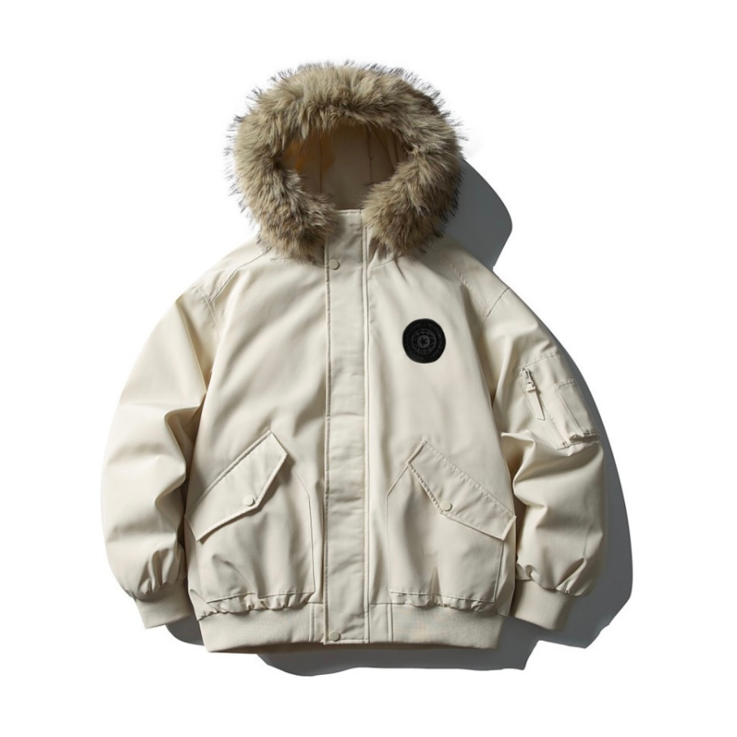 White Down Jacket with Fur Hood and Thermal Liner N899 Apricot