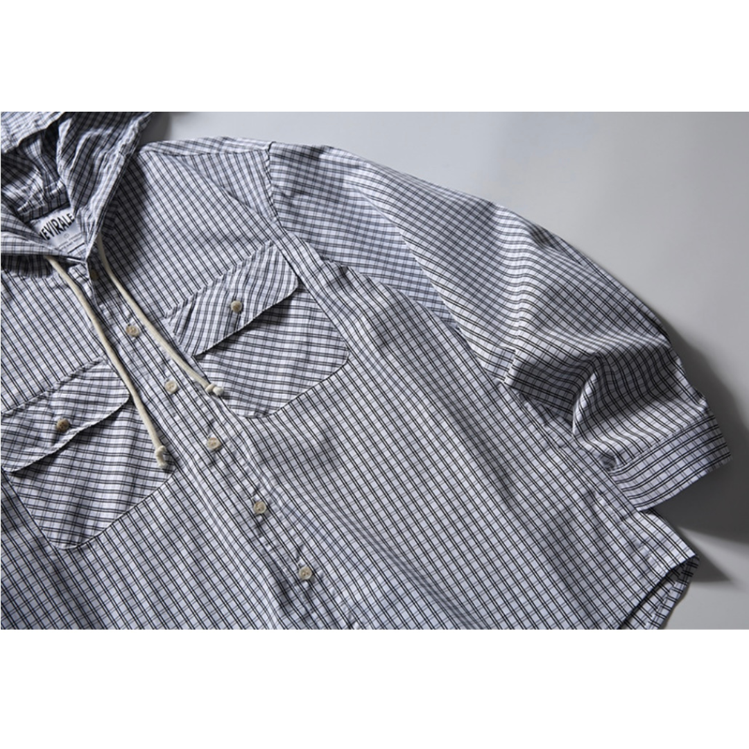 コットンナイロン　グラフチェック　フードシャツ　N1101