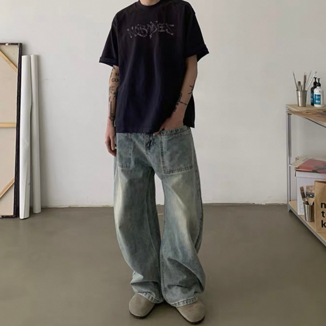 ハードウォッシュ　パッチポケット　バレルデニムパンツ　N646