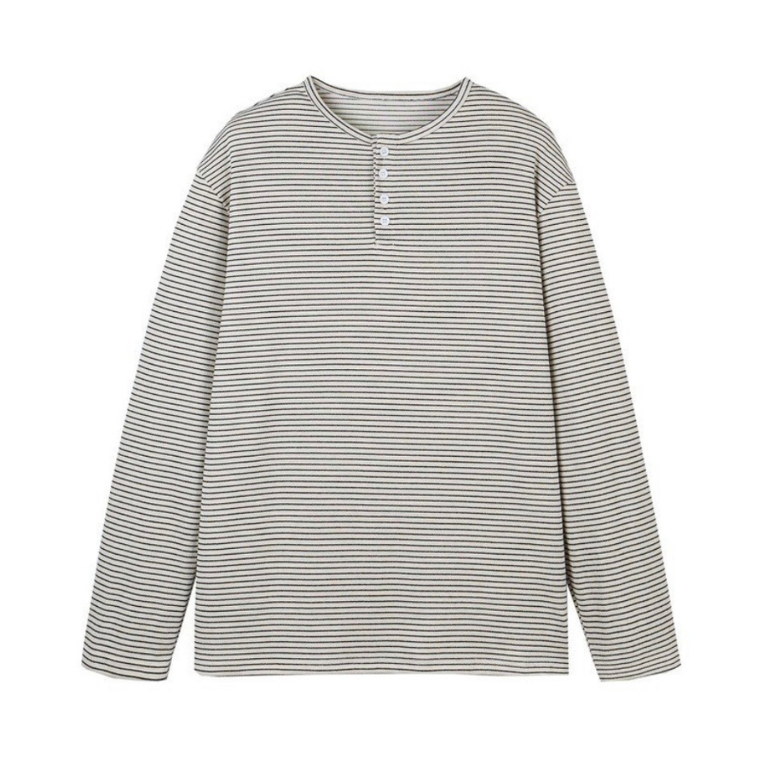 Henley Neck Fine Border Long Sleeve T-shirt N1438 ライトベージュ