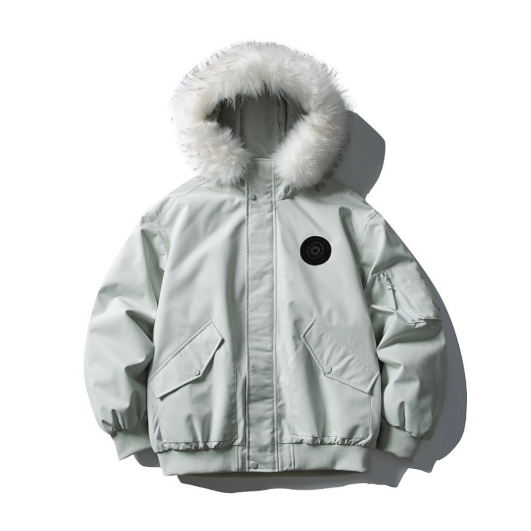White Down Jacket with Fur Hood and Thermal Liner N899 light green
