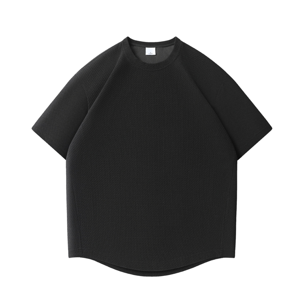 ポリエステル　ミニワッフル　ラウンドヘム　Tシャツ　N1560 ブラック