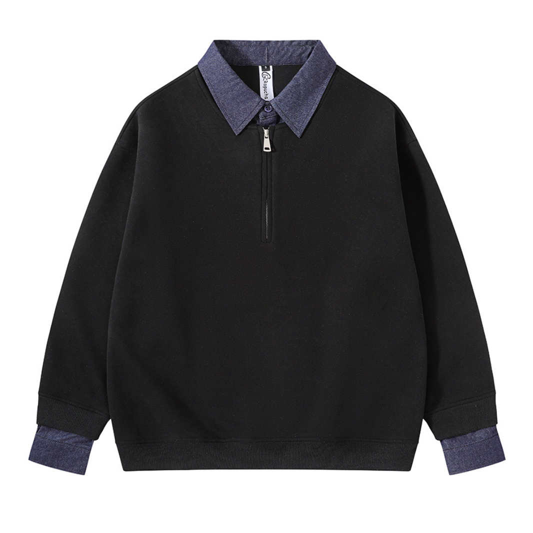 Denim Fake Layered Half-Zip Sweatshirt N1706 ブラック