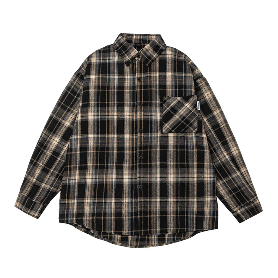 Polyester Cotton Dark Check Flannel Shirt N1704 ブラック