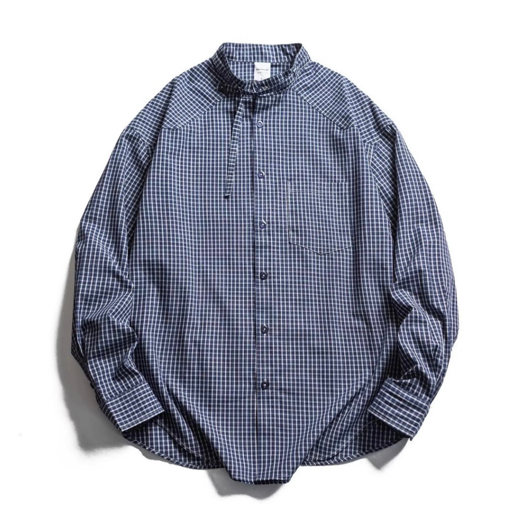 Band Collar Graph Check Shirt N1208 ネイビーブルー
