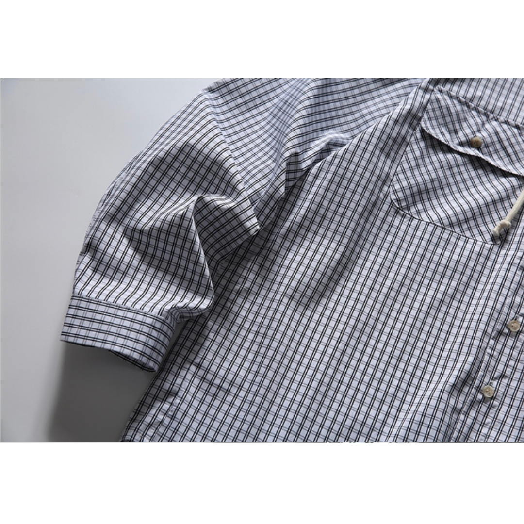 コットンナイロン　グラフチェック　フードシャツ　N1101