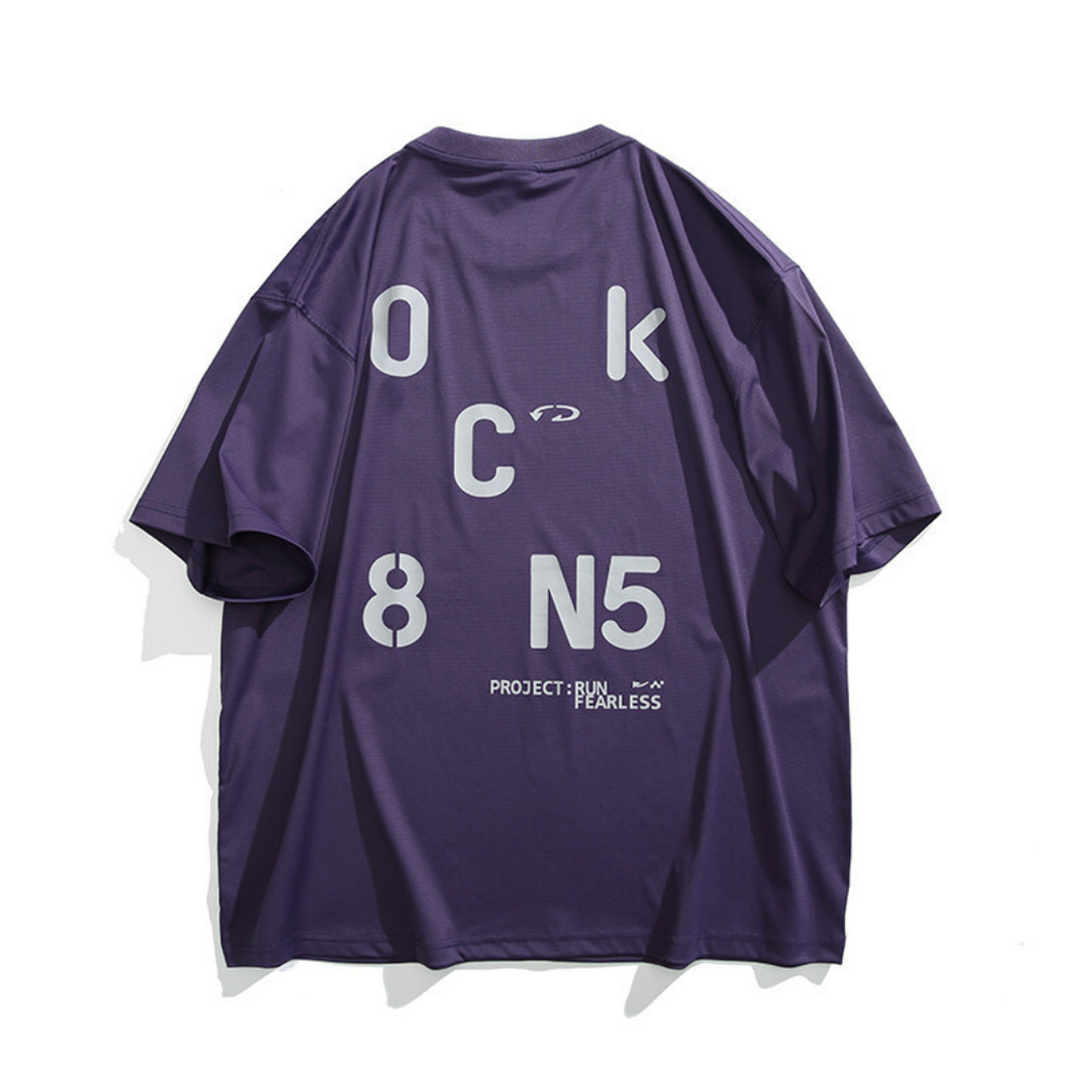 【OkC8】バックプリント ストレッチポリエステル Tシャツ N233 パープル