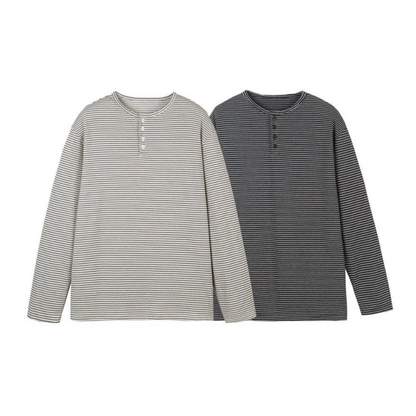 ヘンリーネック　ミジンボーダー　長袖Tシャツ　N1438