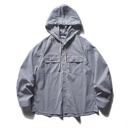 コットンナイロン　グラフチェック　フードシャツ　N1101