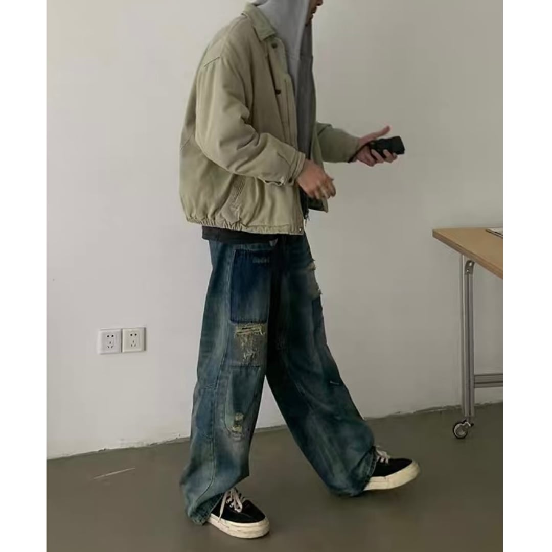 ダメージ　パッチワークデニム　ワイドストレートパンツ　C252