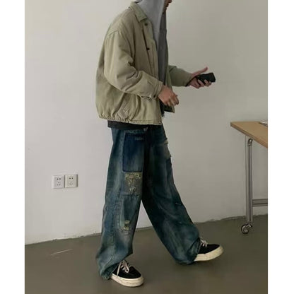 ダメージ　パッチワークデニム　ワイドストレートパンツ　C252