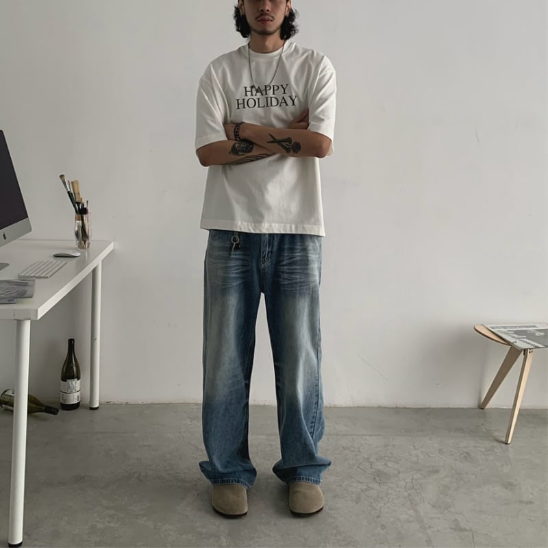 ウォッシュド　ストレートデニムパンツ　B603