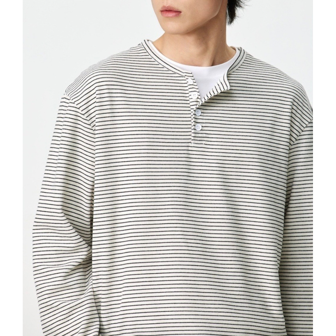 ヘンリーネック　ミジンボーダー　長袖Tシャツ　N1438