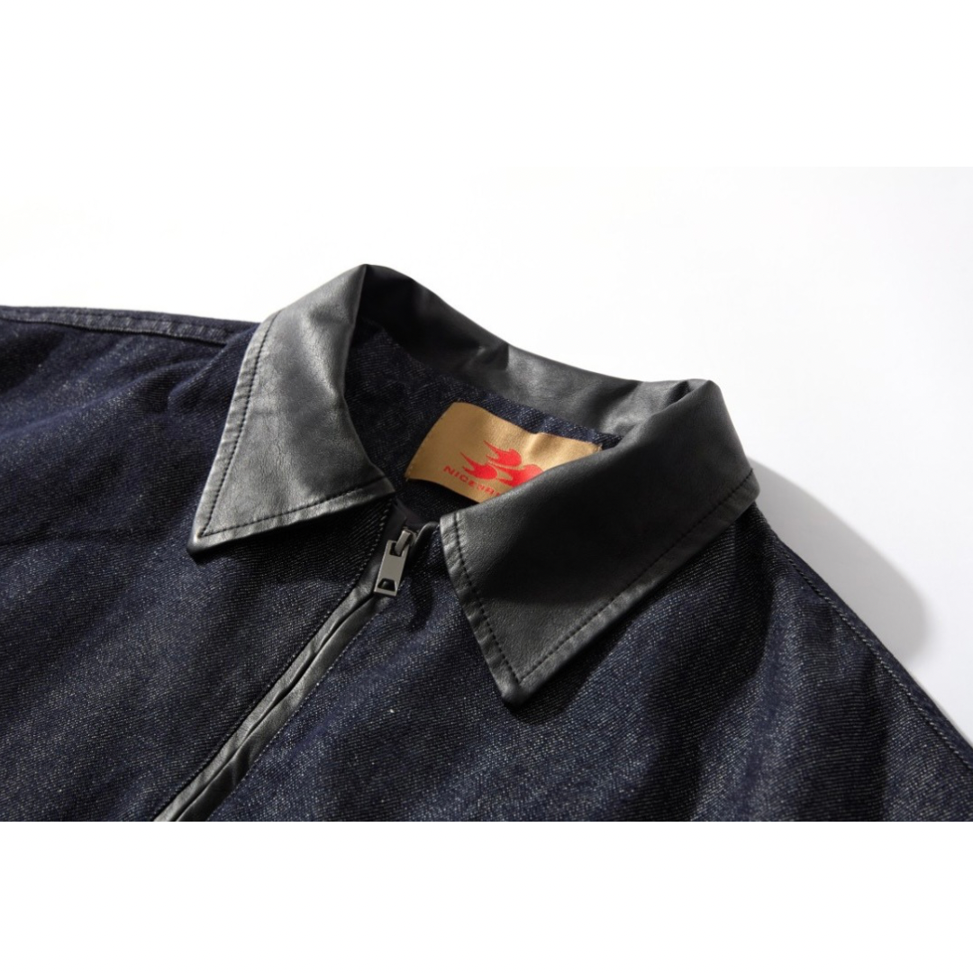 PUレザーカラー　デニム　ジップアップジャケット　N1064