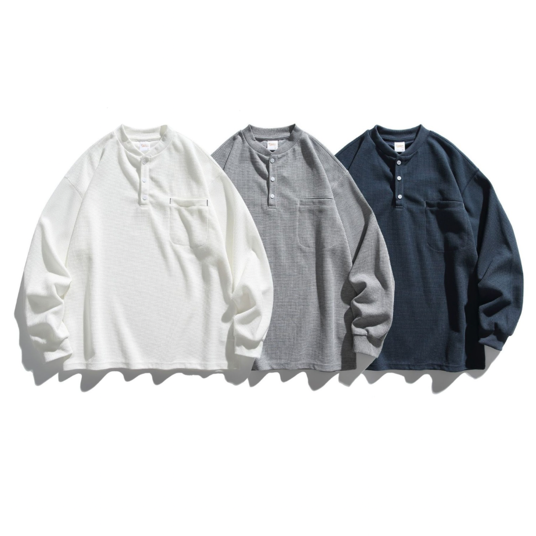 ポリコットン　ワッフル　ヘンリーネック長袖Ｔシャツ　N598