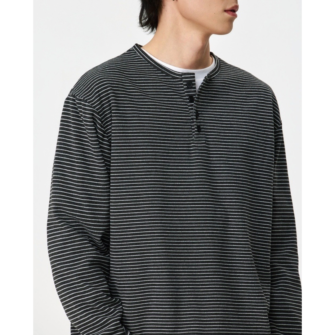 ヘンリーネック　ミジンボーダー　長袖Tシャツ　N1438