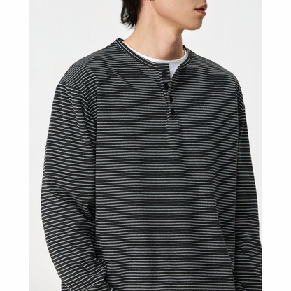 ヘンリーネック　ミジンボーダー　長袖Tシャツ　N1438