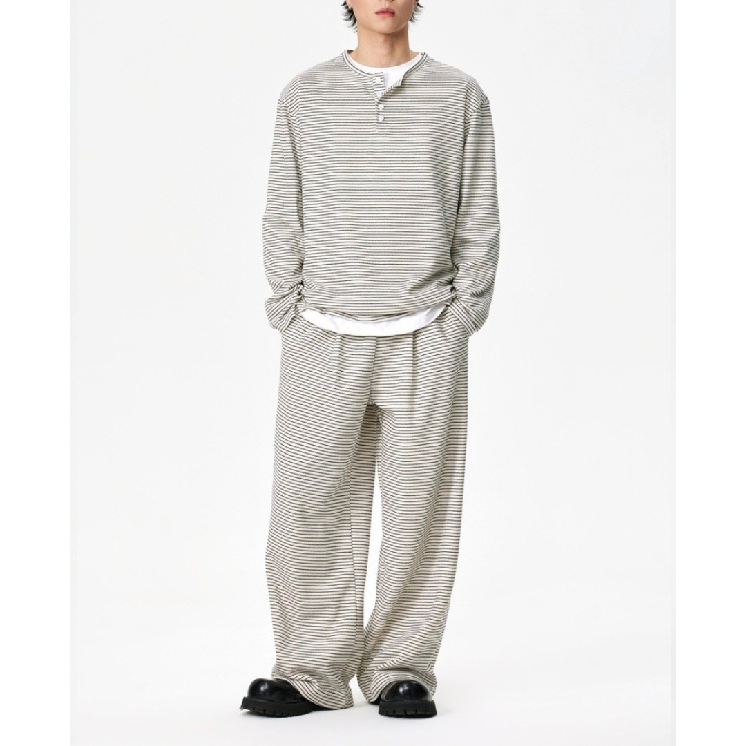 ヘンリーネック　ミジンボーダー　長袖Tシャツ　N1438