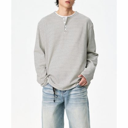 ヘンリーネック　ミジンボーダー　長袖Tシャツ　N1438