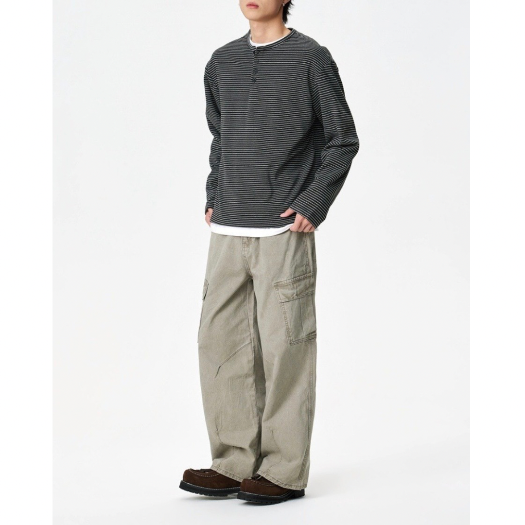 ヘンリーネック　ミジンボーダー　長袖Tシャツ　N1438