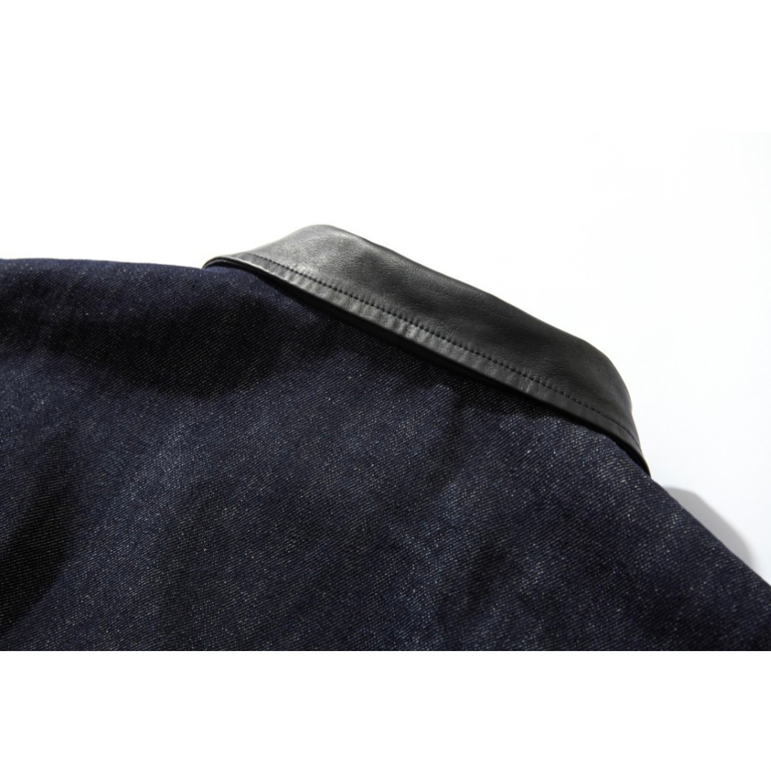 PUレザーカラー　デニム　ジップアップジャケット　N1064