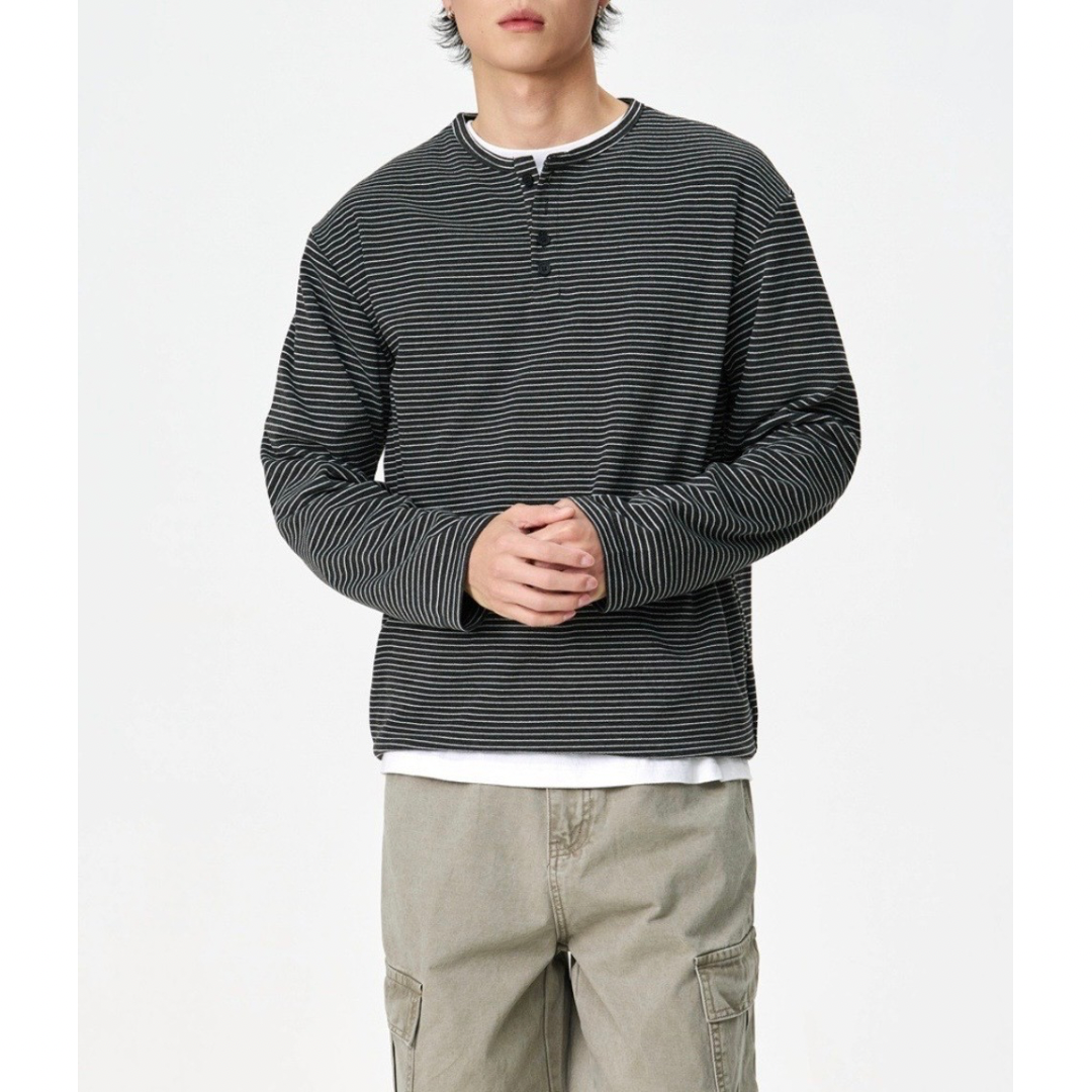 ヘンリーネック　ミジンボーダー　長袖Tシャツ　N1438