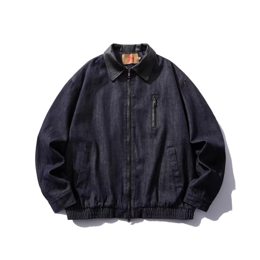 PUレザーカラー　デニム　ジップアップジャケット　N1064