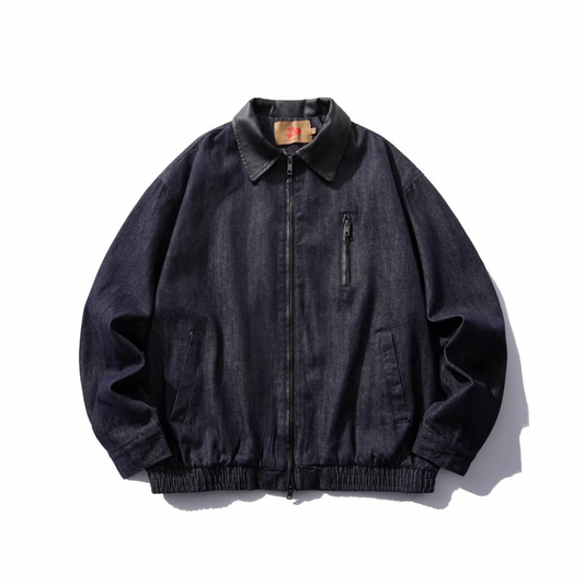 PUレザーカラー　デニム　ジップアップジャケット　N1064