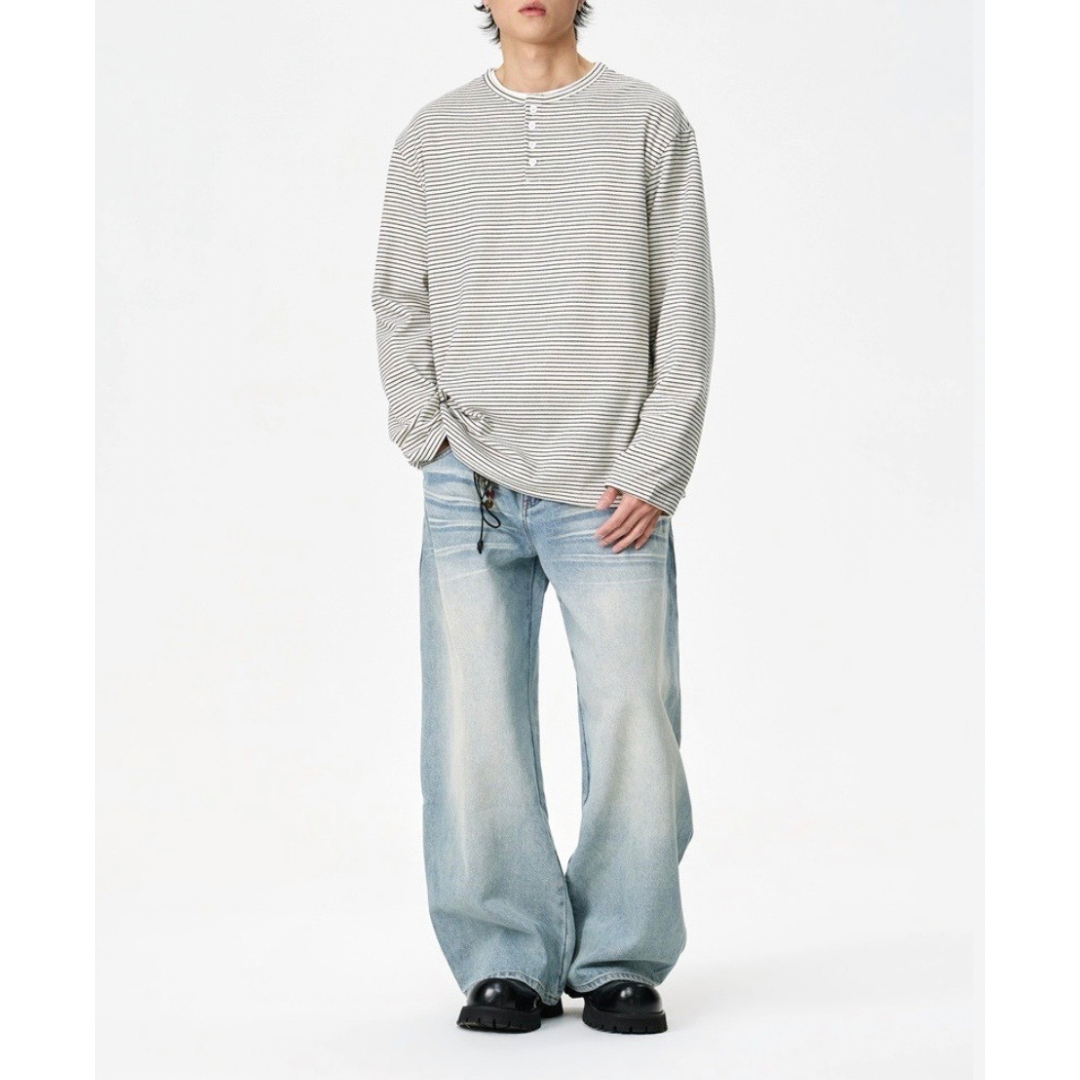 ヘンリーネック　ミジンボーダー　長袖Tシャツ　N1438