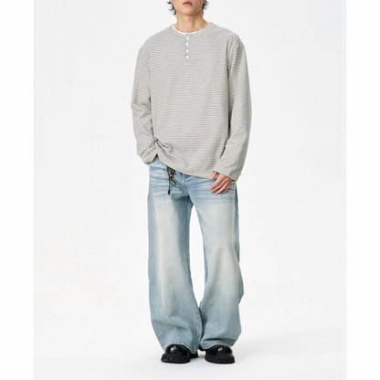 ヘンリーネック　ミジンボーダー　長袖Tシャツ　N1438
