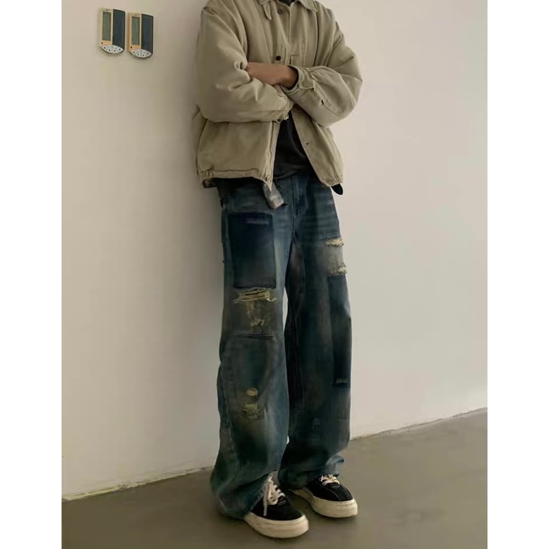 ダメージ　パッチワークデニム　ワイドストレートパンツ　C252