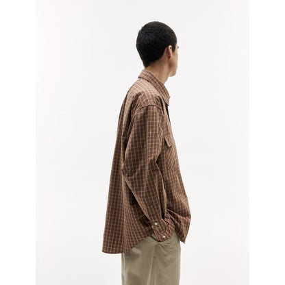 モカチェック　ダブルポケット　長袖シャツ　B521