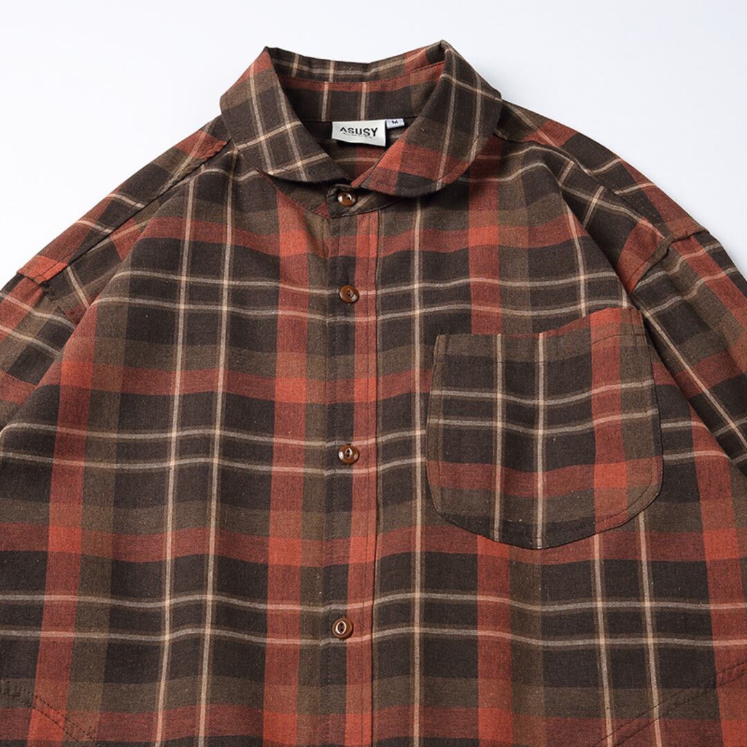 レトロチェック　エルボーパッチ　長袖シャツ　B649