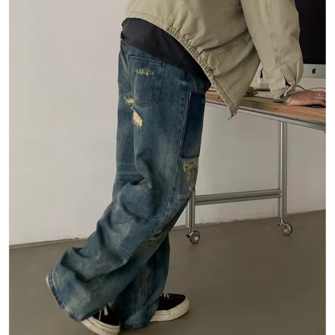 ダメージ　パッチワークデニム　ワイドストレートパンツ　C252