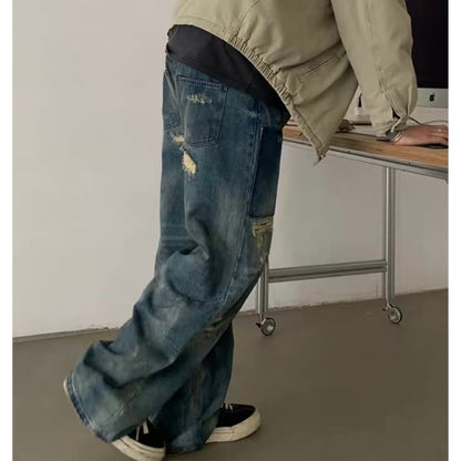 ダメージ　パッチワークデニム　ワイドストレートパンツ　C252