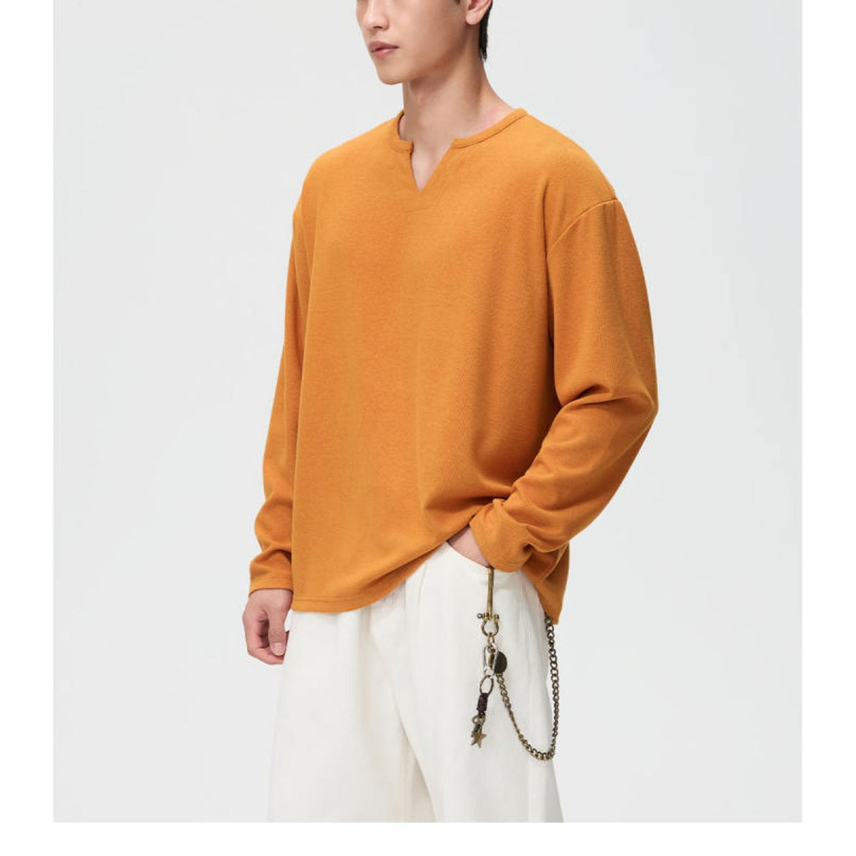 リブテクスチャー　キーネック　長袖Tシャツ　N1834