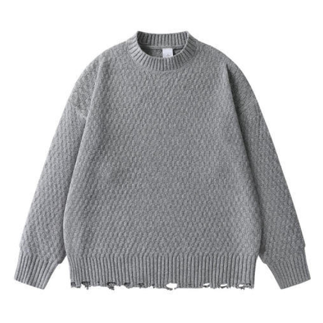 Textured Knit Distressed Hem Crew Neck Sweater N1844 杢グレー
