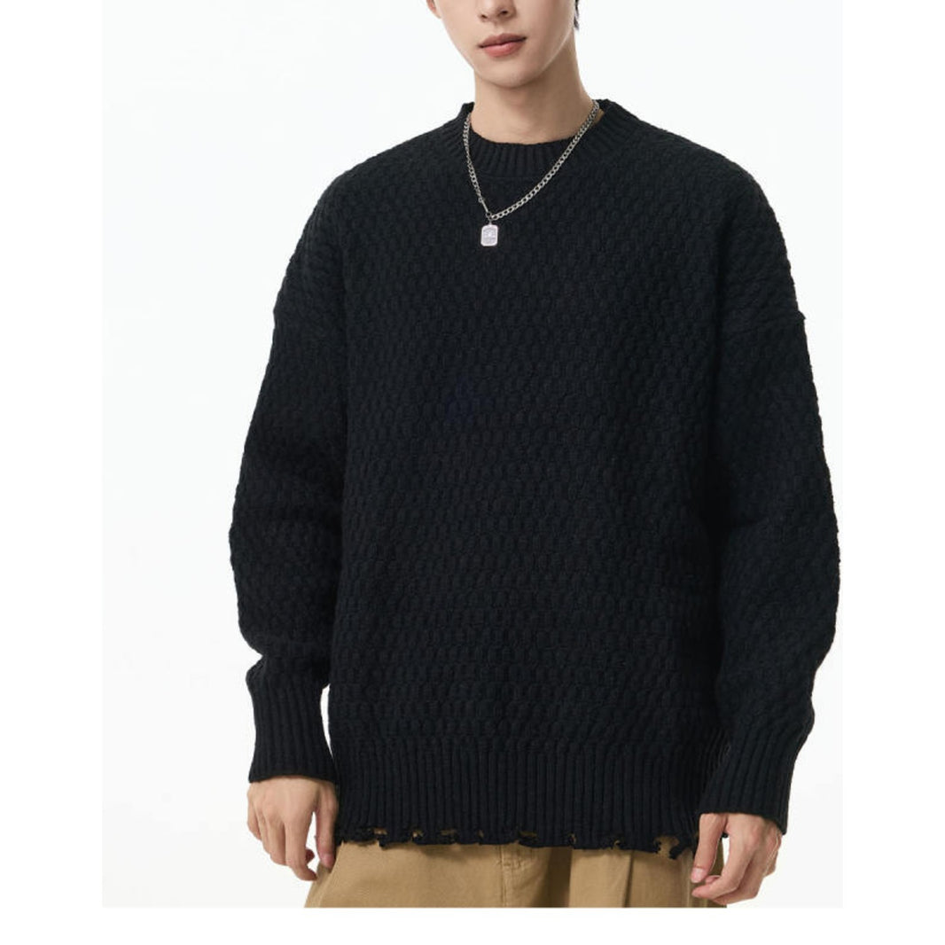 Textured Knit Distressed Hem Crew Neck Sweater N1844 black