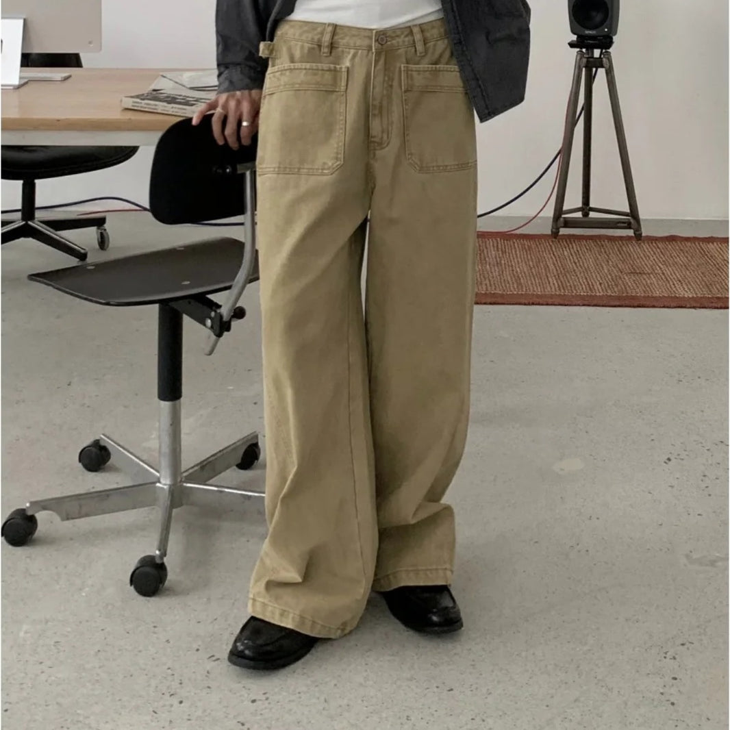 フェードツイル　パッチポケット　ワイドストレートパンツ　N1889 カーキ