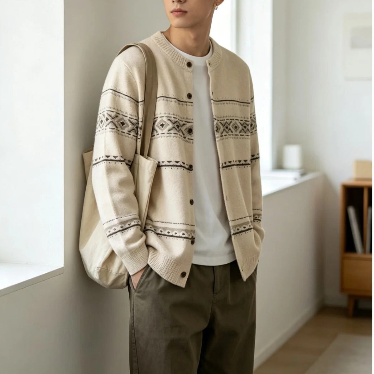 ジャカードライン　クルーネック　ニットカーディガン　N1908