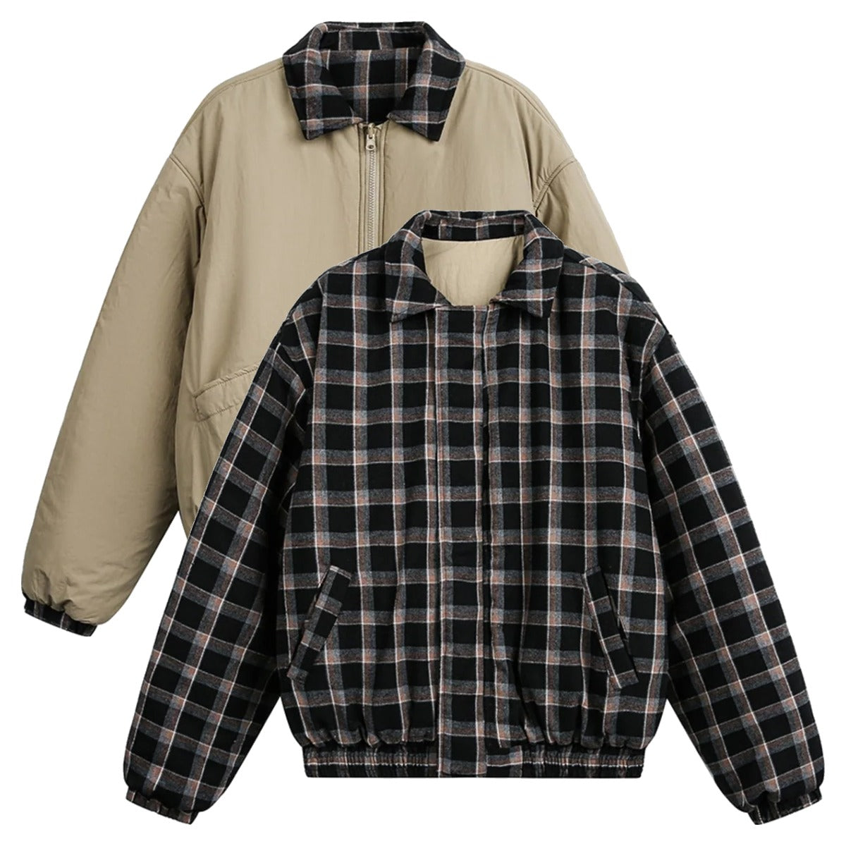 チェックコンビ　リバーシブル　ブルゾン　N2001　ベージュ（チェック面／無地面）