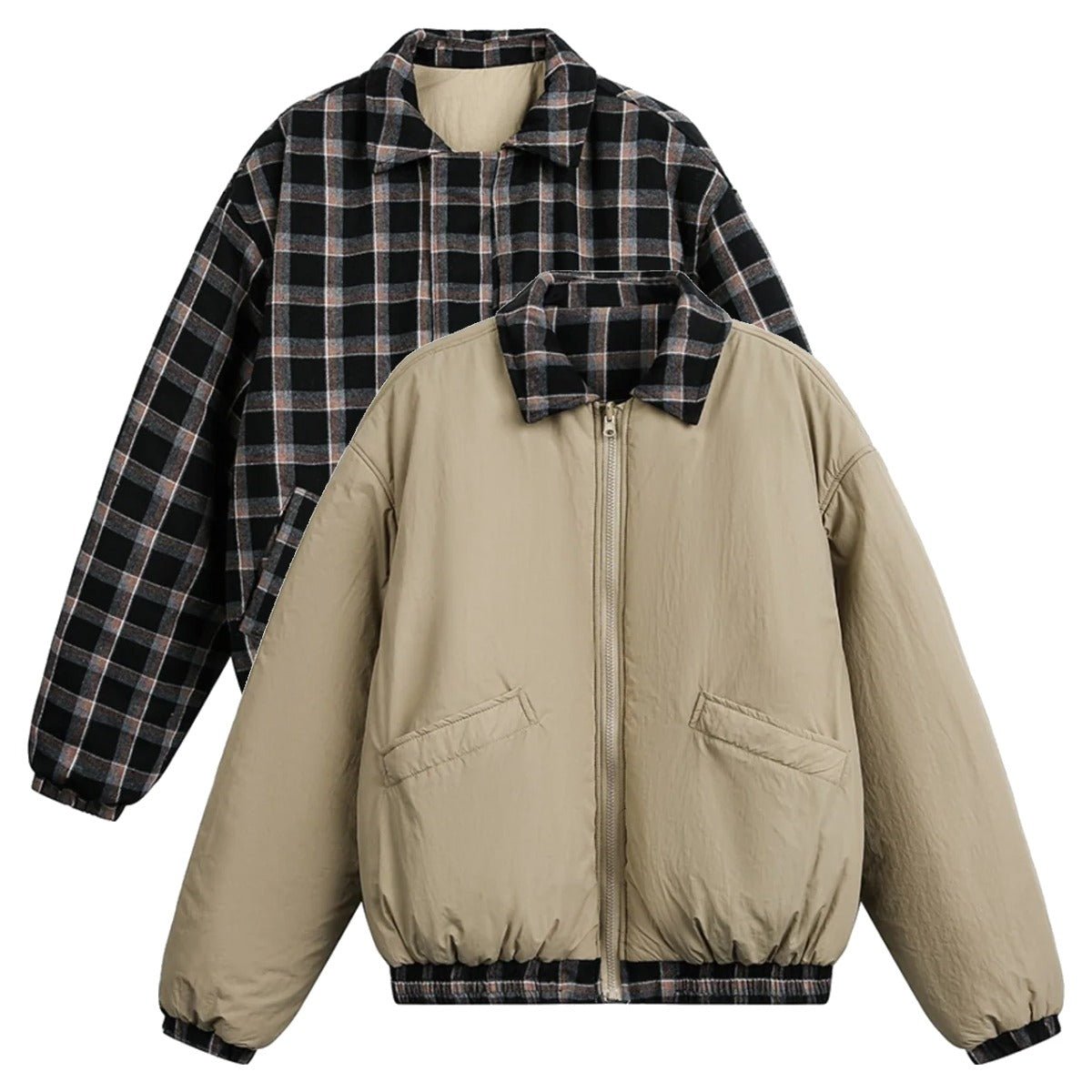 チェックコンビ　リバーシブル　ブルゾン　N2001　ベージュ（無地面／チェック面）
